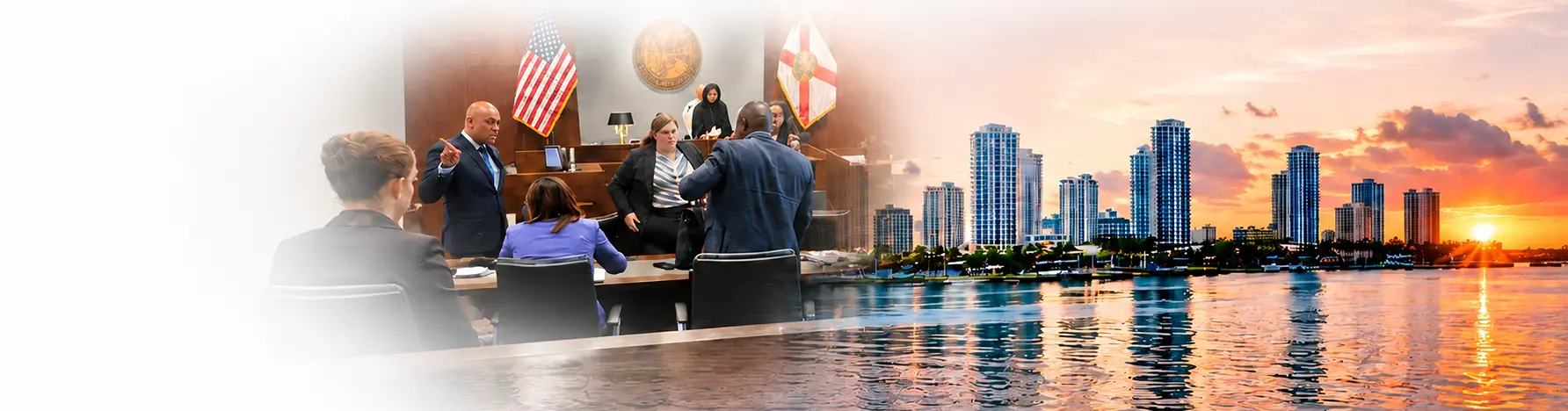 North Miami waterfront at sunset beside a civic courtroom scene